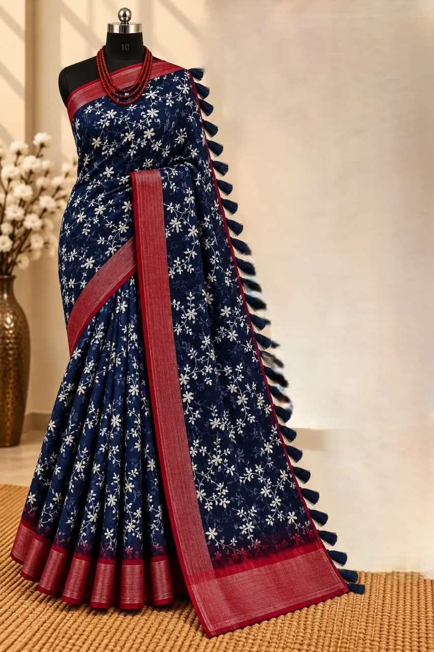 Floral Bloom Digital Printing Linen Cotton Saree